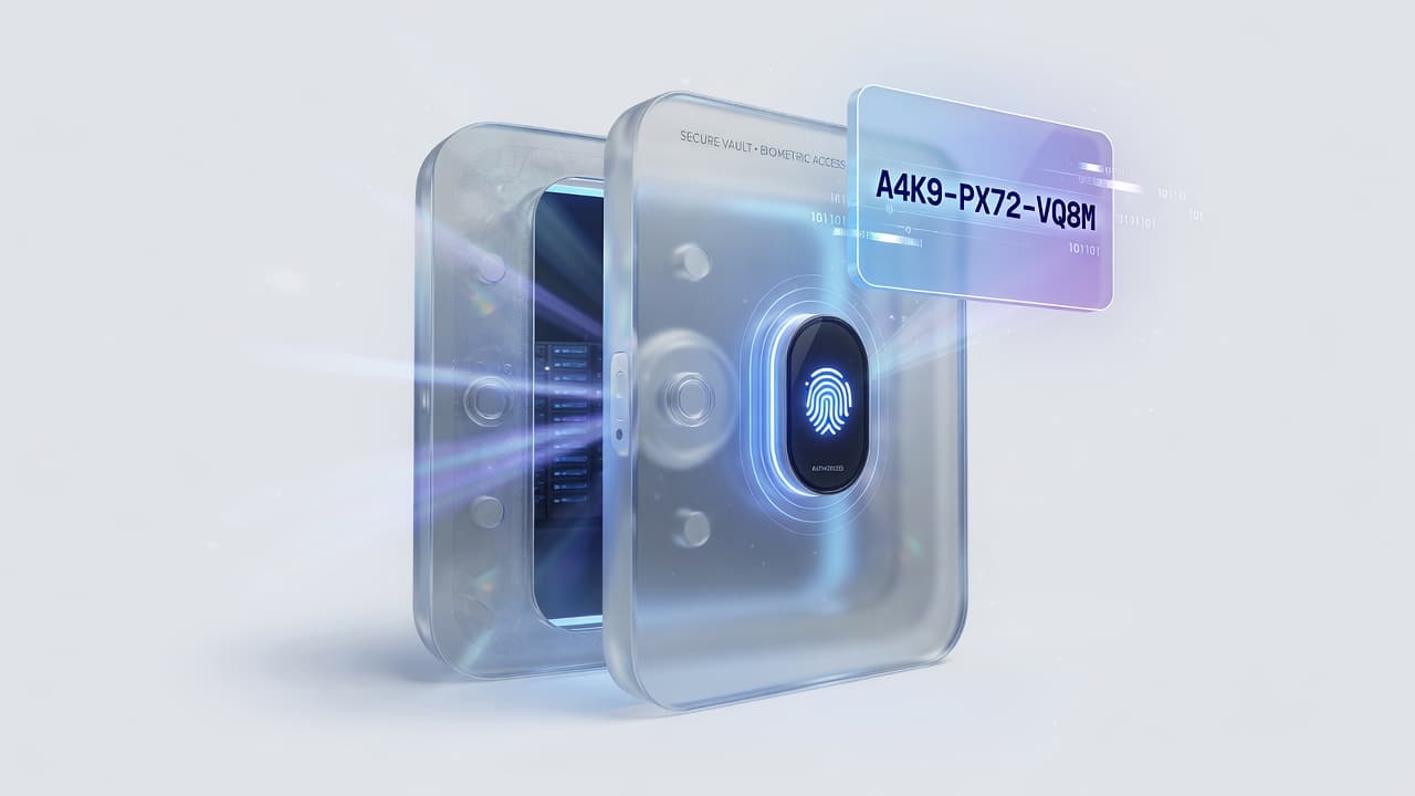 Glass vault door ajar with glowing fingerprint scanner and floating security key code